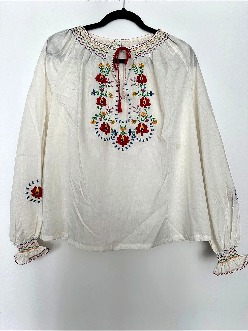 Embroidered Floral Blouse in White & Red Like New